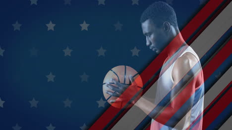 animation of flag of usa over biracial male basketball player