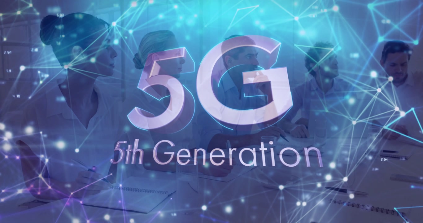 5G technology animation over diverse business team discussing in modern office
