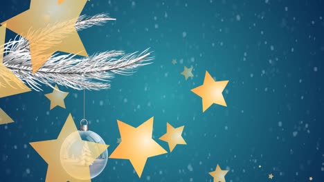 Animation-of-snow-falling-and-stars-over-bauble-on-blue-background