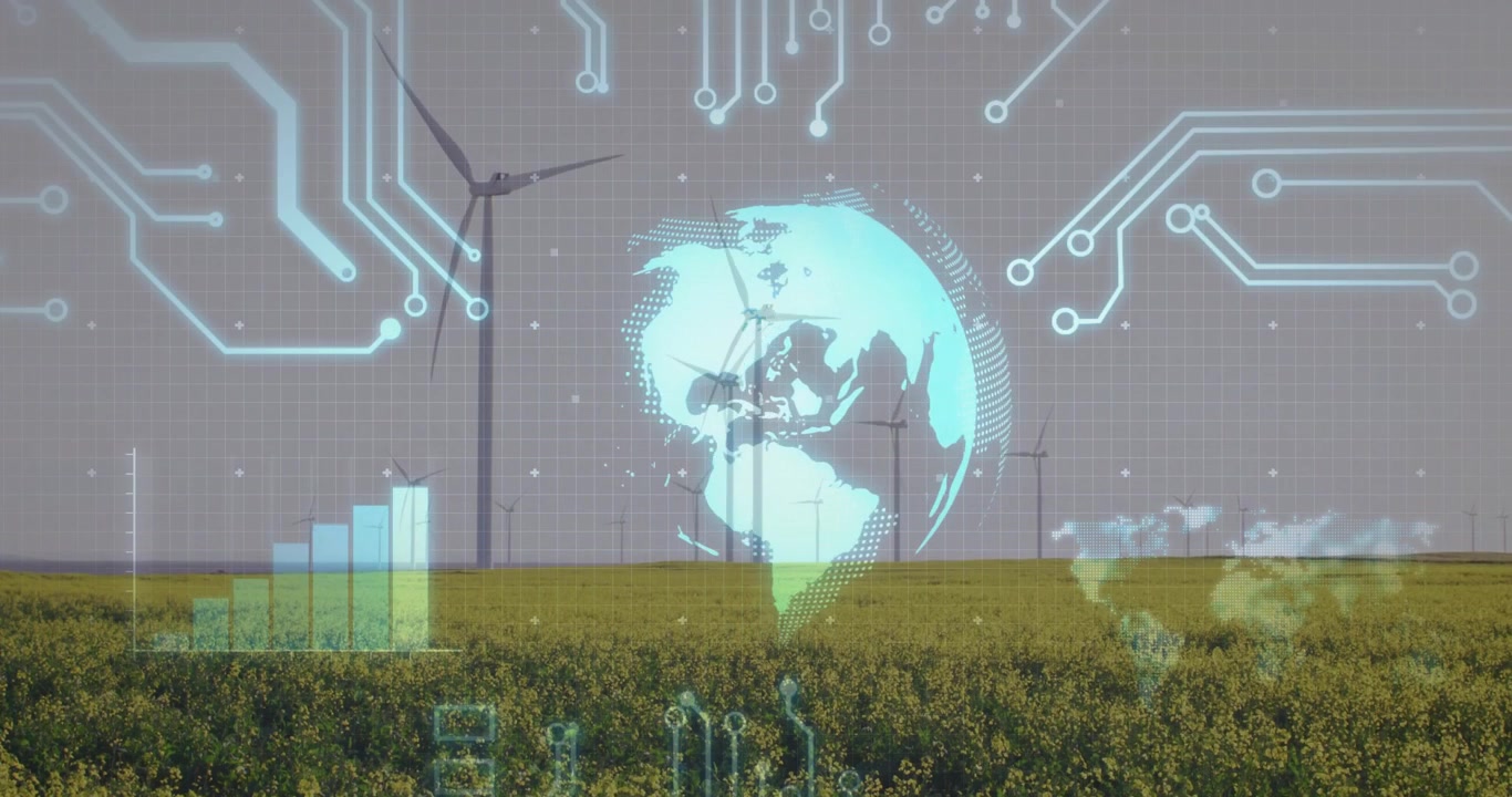 Glowing circuit lines fading as holographic globe rotating above turbines displaying energy chart