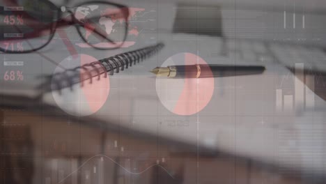 animación del procesamiento de datos estadísticos en primer plano de un bolígrafo, gafas y diario en una mesa de oficina
