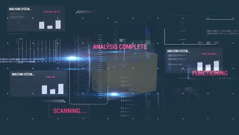 Digital interface with data processing against delivery box falling against blue background