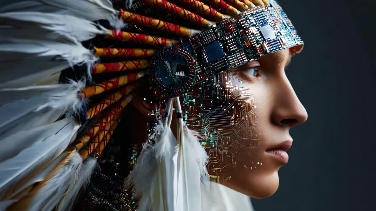 A Futuristic Portrait of a Person Wearing an Artistic Headdress Blending Traditional Elements with Modern Technology, Highlighting Cultural Identity and Innovation in Fashion