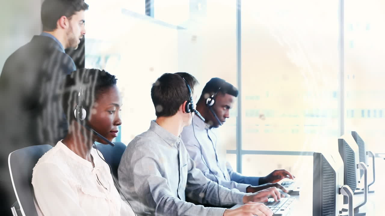 Animation of network of convection over business people using phone headsets