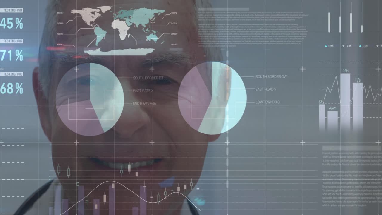 animación de datos financieros y gráficos sobre feliz caucásico médico masculino de alto nivel