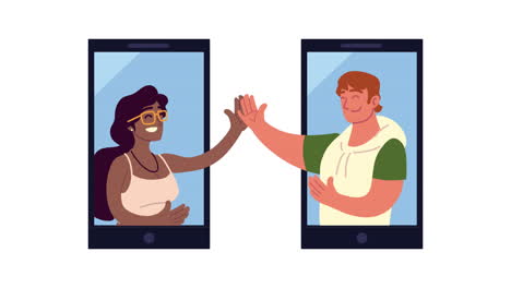 happy couple communicating with smartphones