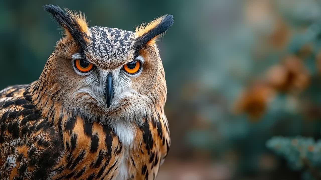 A close up of an owl with orange eyes sitting on a branch
