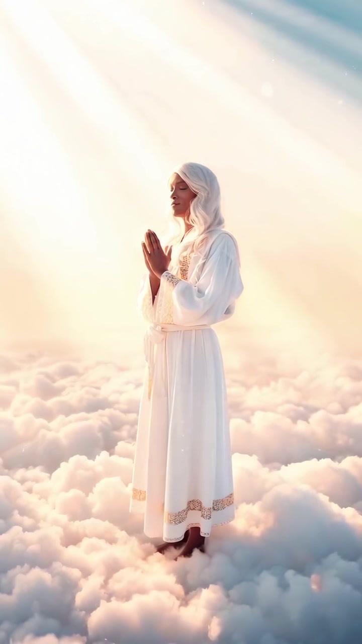 Wanita Tenang Berdoa di Tengah Awan Surgawi dengan Cahaya Ilahi