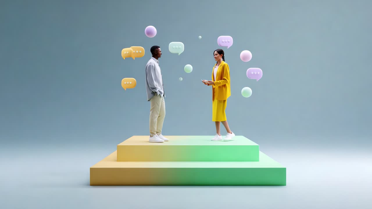 Engaging Conversations: Two Individuals on Stylized Platforms Share Ideas Amidst Colorful Speech Bubbles, Representing Dynamic Communication and Interpersonal Interaction