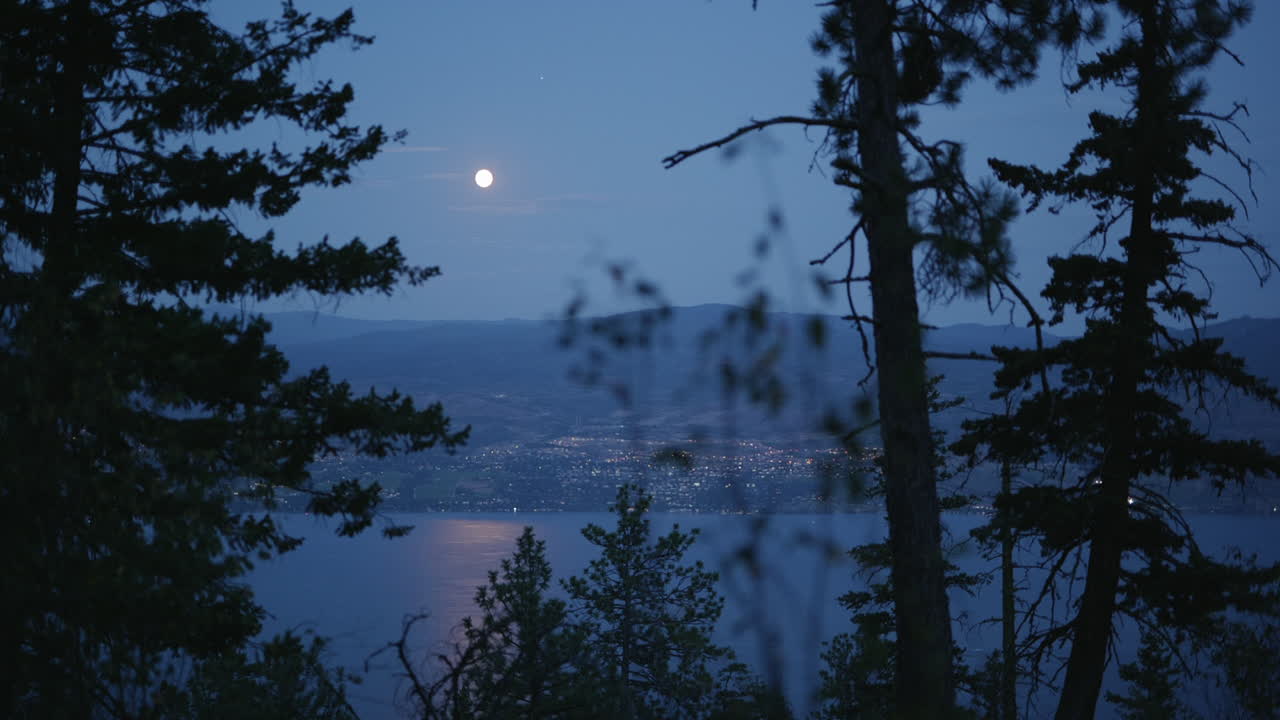 paisaje nocturno mirando hacia la ciudad de west kelowna y el lago a través de los árboles