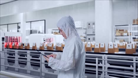 side view of asian male scientist using a tablet while standing with conveyor for packaging coffee beans in bags at coffee factory