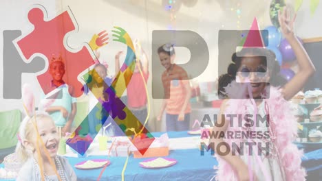 Animation-of-hope-autism-awareness-month-text-and-ribbon-formed-with-puzzles-over-school-children