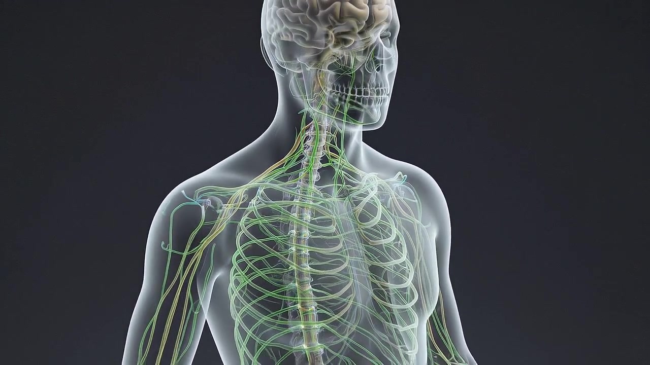 Ologramma wireframe luminoso di scheletro umano a corpo intero e sistema nervoso