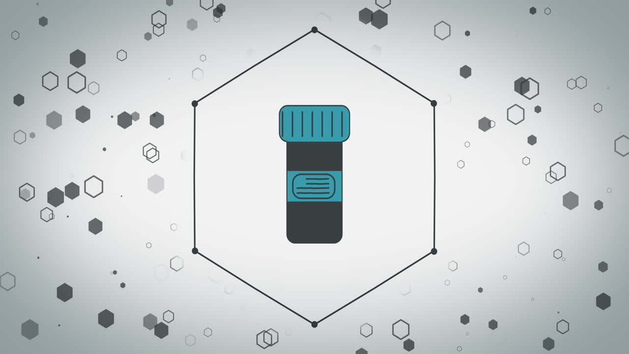 Animazione dell'icona di scatola di medicinali su esagoni su sfondo bianco