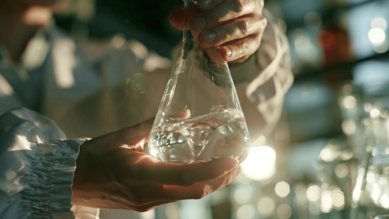 Beuta da laboratorio con liquido trasparente durante un esperimento di ricerca biologica