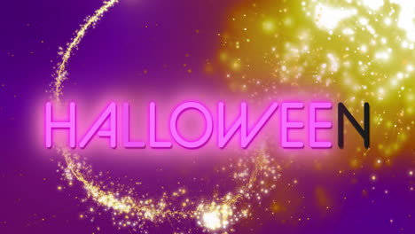 animation of shooting star over neon halloween text banner against light spots on purple background