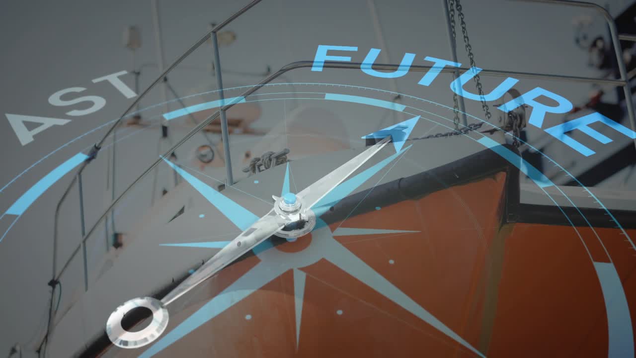 Compass overlay fading in, needle rotating clockwise and shifting focus from PAST toward FUTURE