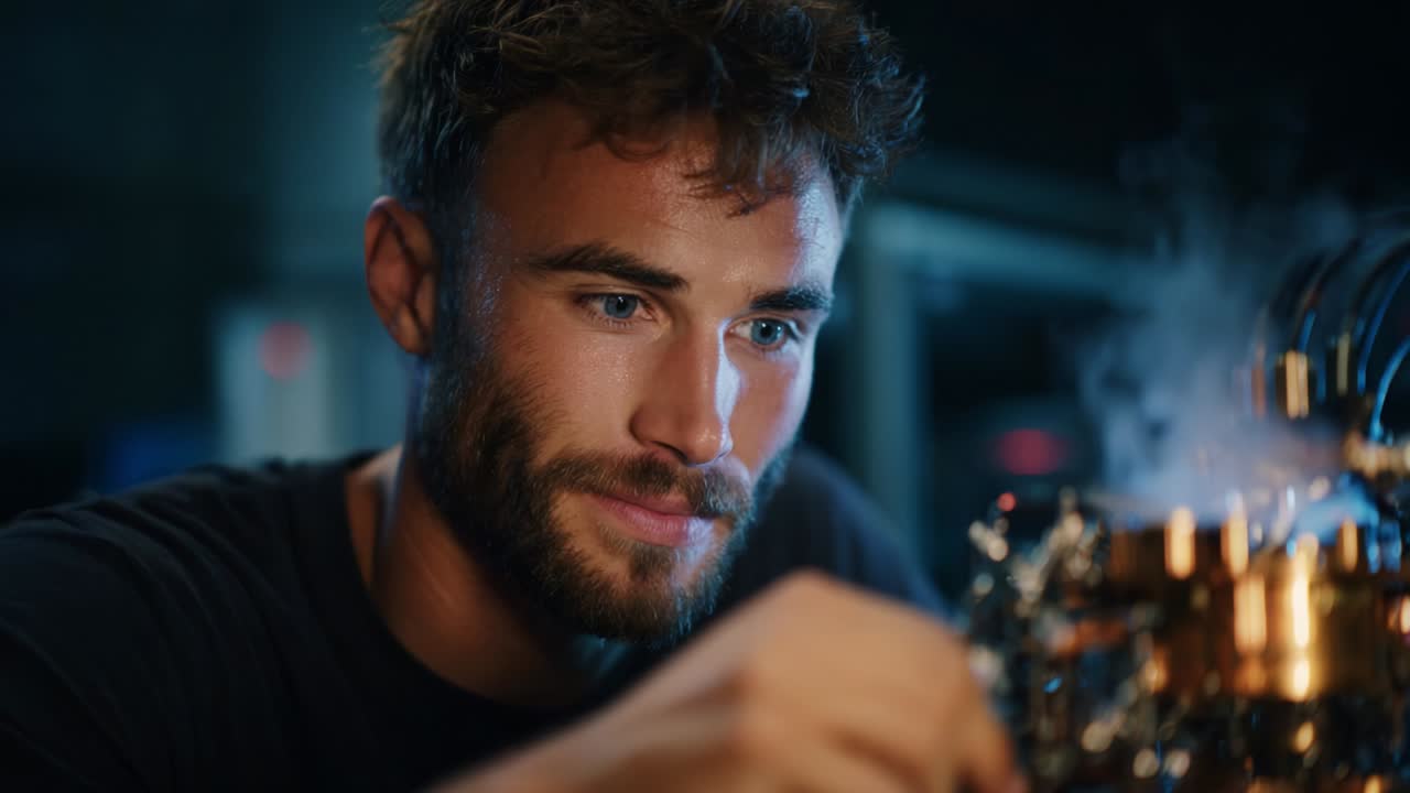 Intrigued at Work: A Skilled Technician Engages in Precision Craftsmanship, Analyzing a Complex Mechanism Amidst Clouds of Steam, Showcasing Passion for Innovation and Technology in a Dimly Lit Workshop