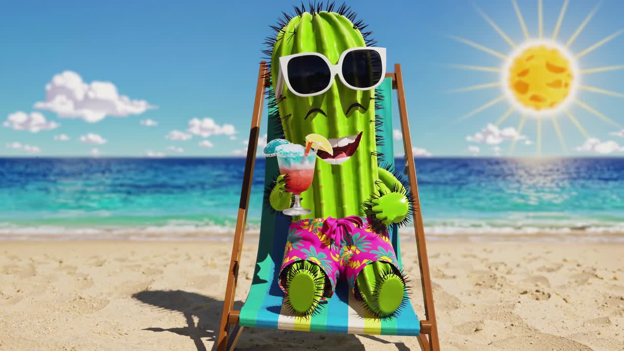 Cartoon cactus wearing sunglasses and colorful shorts, sitting on a beach chair, holding a cocktail and waving, enjoying summer vacations on a sunny beach