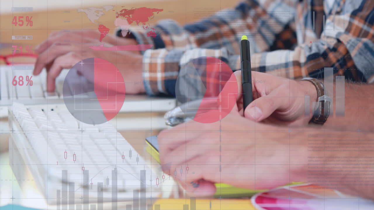 키보드에서 메모와 타이핑, 금융 데이터 분석, 작업하는 사람들의 애니메이션