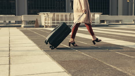 Legs,-woman-and-walking-with-luggage-for-business