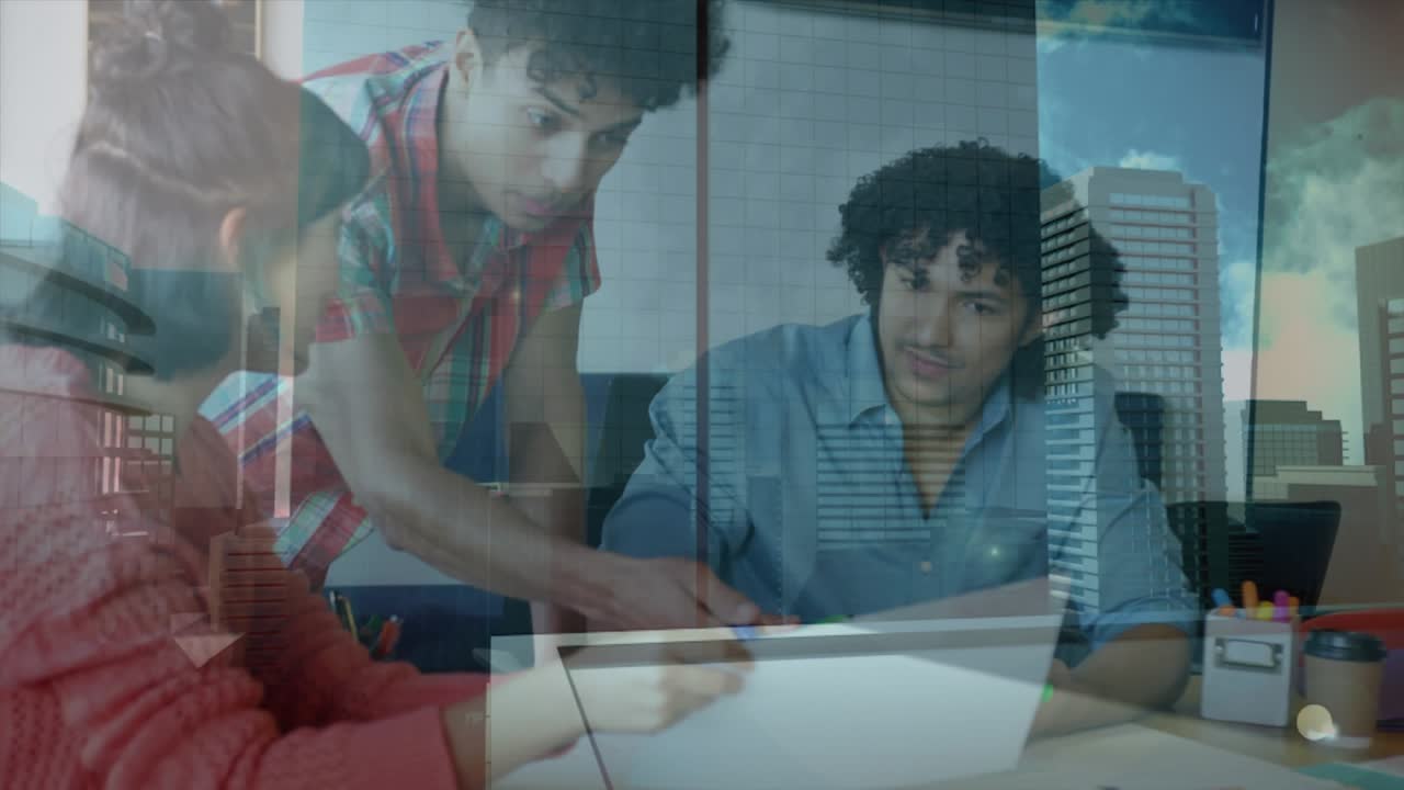 Animation of cityscape over business people in office