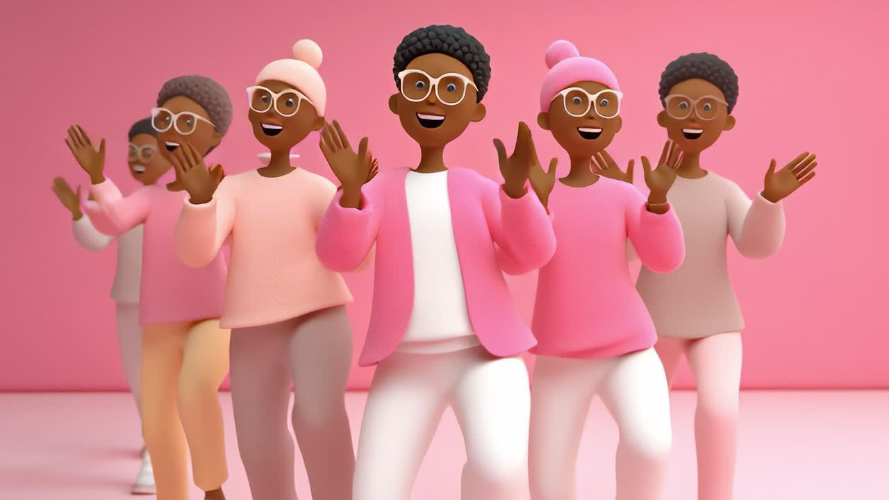 A Vibrant Celebration of Joyful Characters Dancing Together in a Playful Pink Background, Highlighting Unity, Happiness, and Friendship Among Diverse Individuals in a Fun Animation
