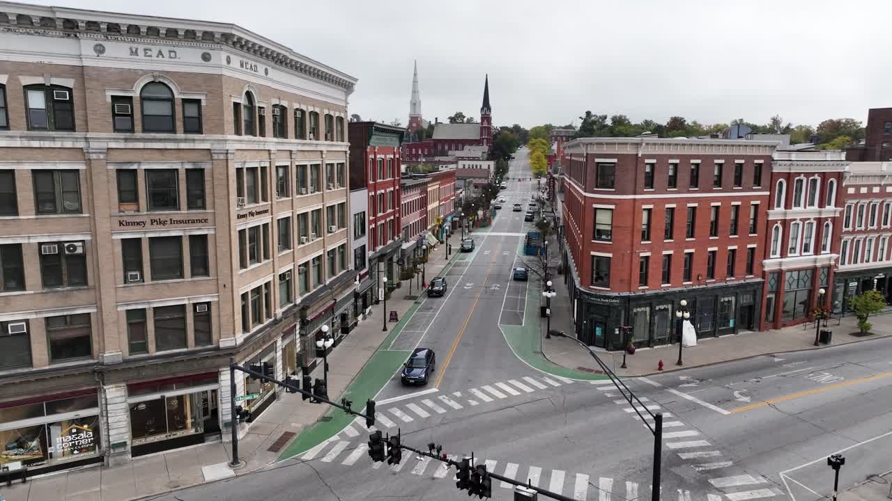 aerial push in to downtown rutland vemont