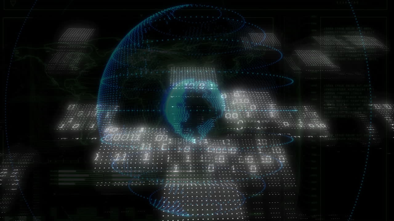 Data processing animation with digital globe and binary code in motion