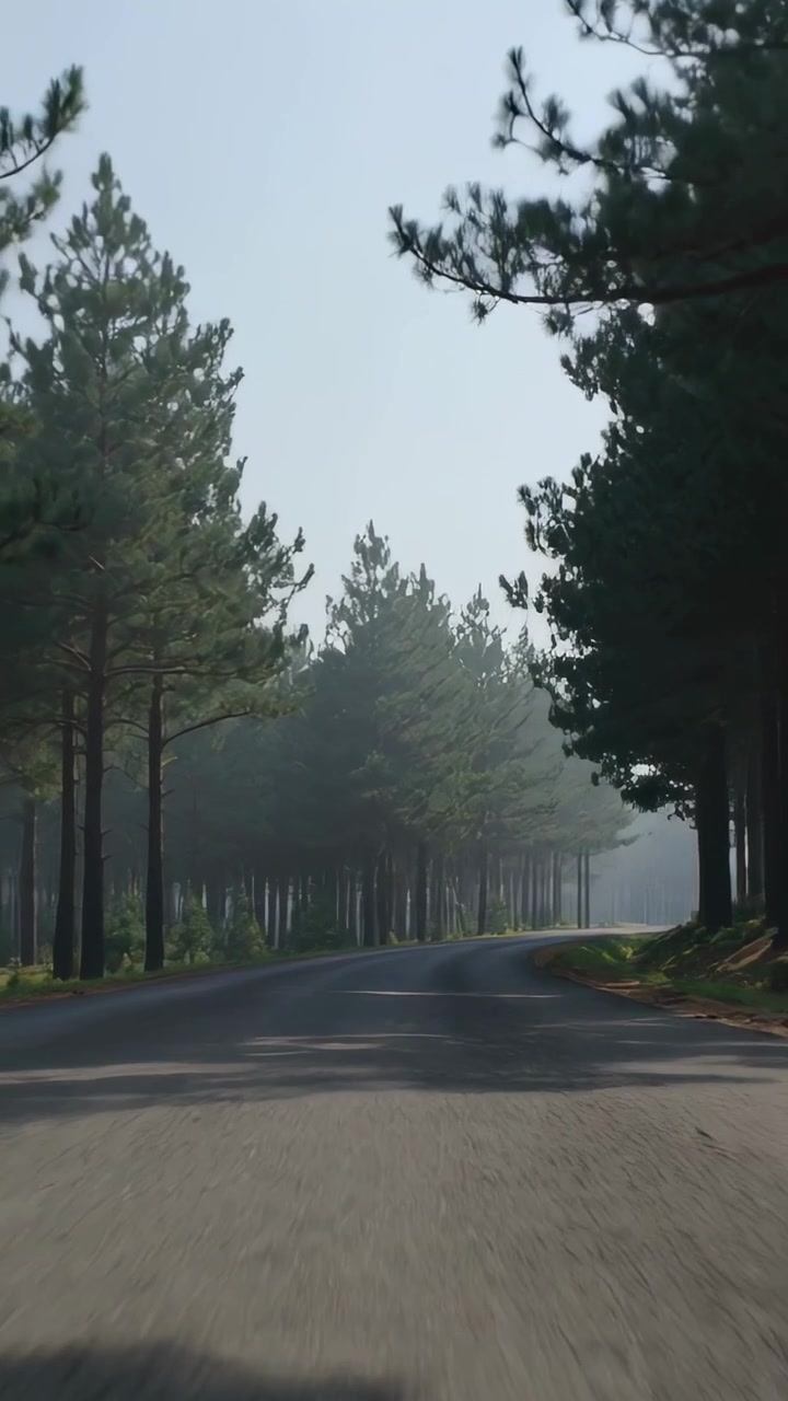 Video vertikal: Kamera bergerak maju di jalan beraspal yang diapit batang pinus, menampakkan kabut