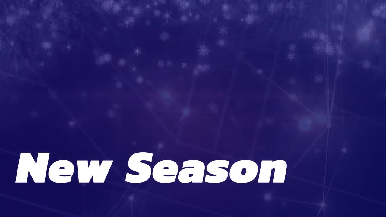 파란색 배경에 연결된 점과 렌즈 플레어가 있는 새로운 컬렉션 텍스트의 애니메이션