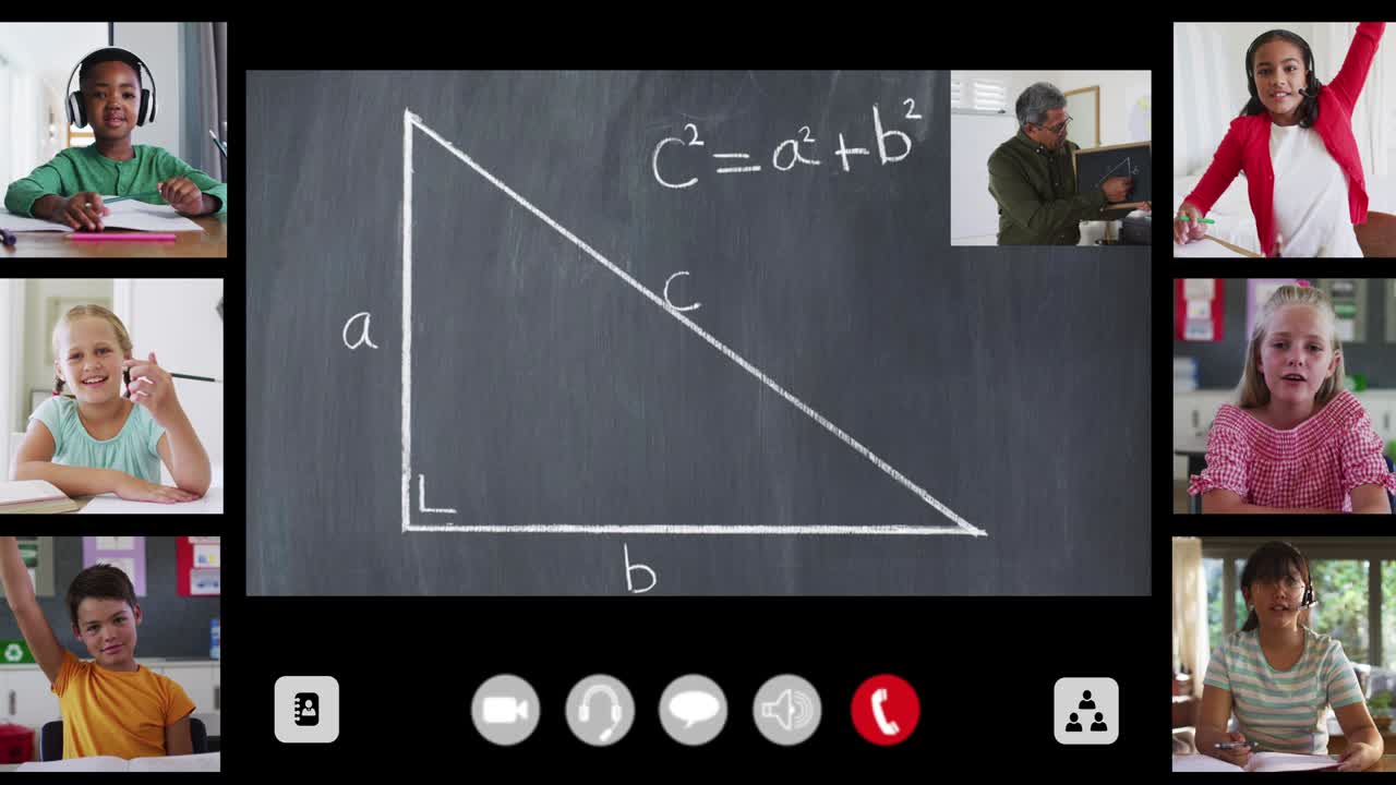Animation of interface screen with chalkboard, teacher and six diverse children in online lesson