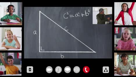 animation of interface screen with chalkboard, teacher and six diverse children in online lesson