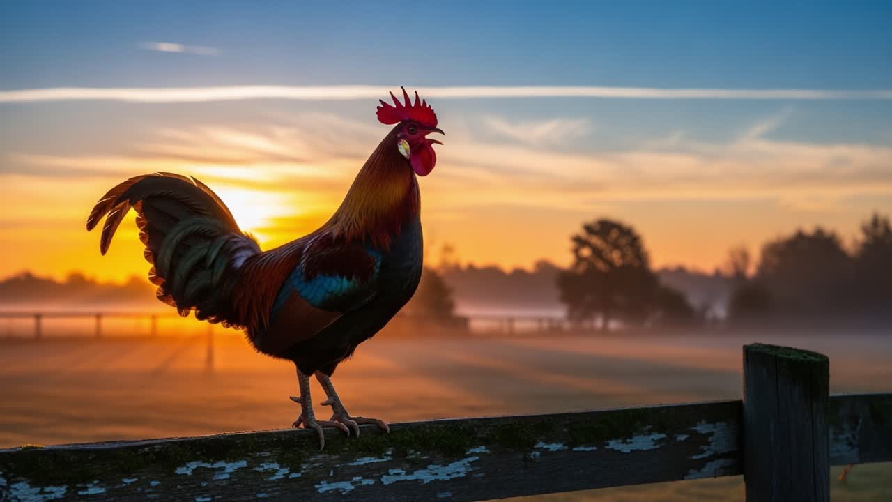 A Majestic Rooster Crows at Dawn, Silhouetted Against a Stunning Sunrise in a Serene Rural Landscape with Misty Fields and Warm Colors