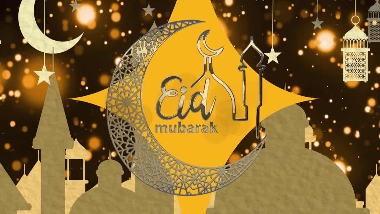 animación del texto de eid mubarak con mezquita y media luna sobre un fondo brillante de oro