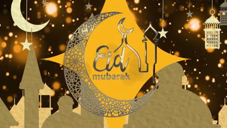 Animation-of-eid-mubarak-text-with-mosque-and-crescent-over-gold-glowing-background