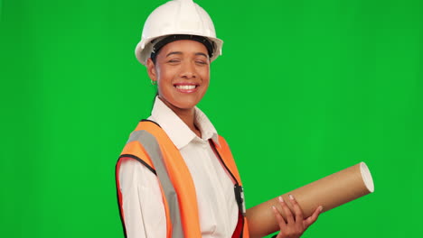 Green-screen,-woman-and-engineer-with-plan