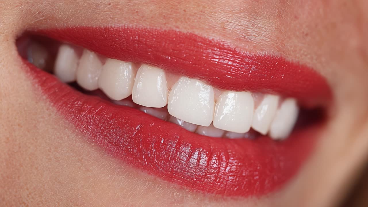 Captivating Red Lips and Dazzling Smile: A Close-Up Journey through the Elegant Beauty of Makeup and Lip Care