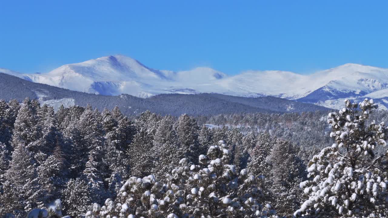 Winter morning Mt Blue Sky Mount Evans Front Range Rocky Mountains deep fresh snow sunny blue sky aerial drone Colorado Denver Evergreen Conifer prominent snow capped peak snowy forest trees upwards