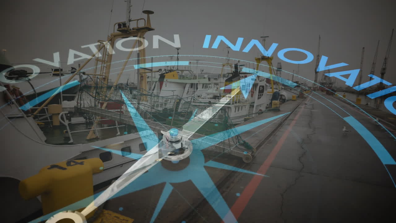 Animazione di una bussola con il testo "innovazione" sopra un cantiere navale