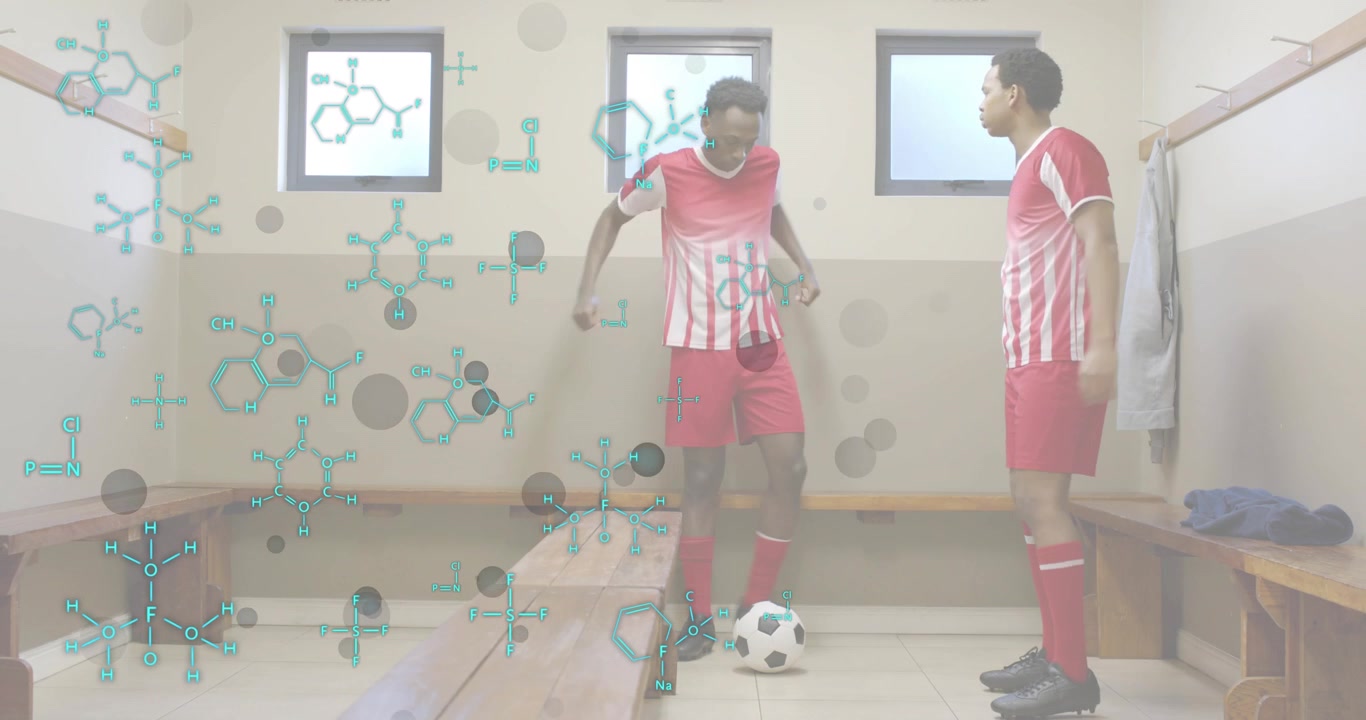 Jogadores aquecendo antes da partida no vestiário, fazendo embaixadinhas com a bola com gráficos moleculares se intensificando