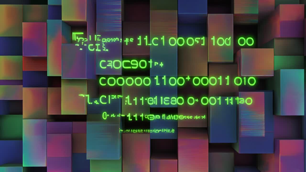 Digitaler Binärcode mit Glitch-Effekt auf bunten abstrakten Würfeln.