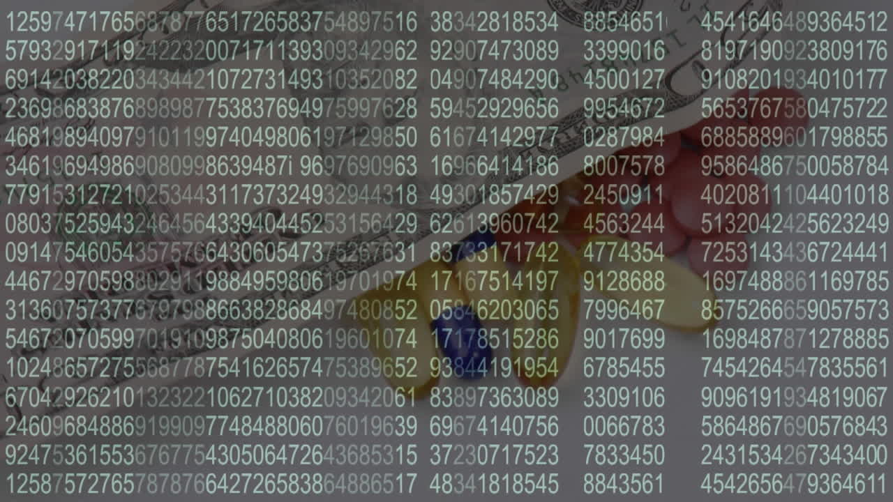 animación de números cambiantes sobre diferentes píldoras y billetes que caen