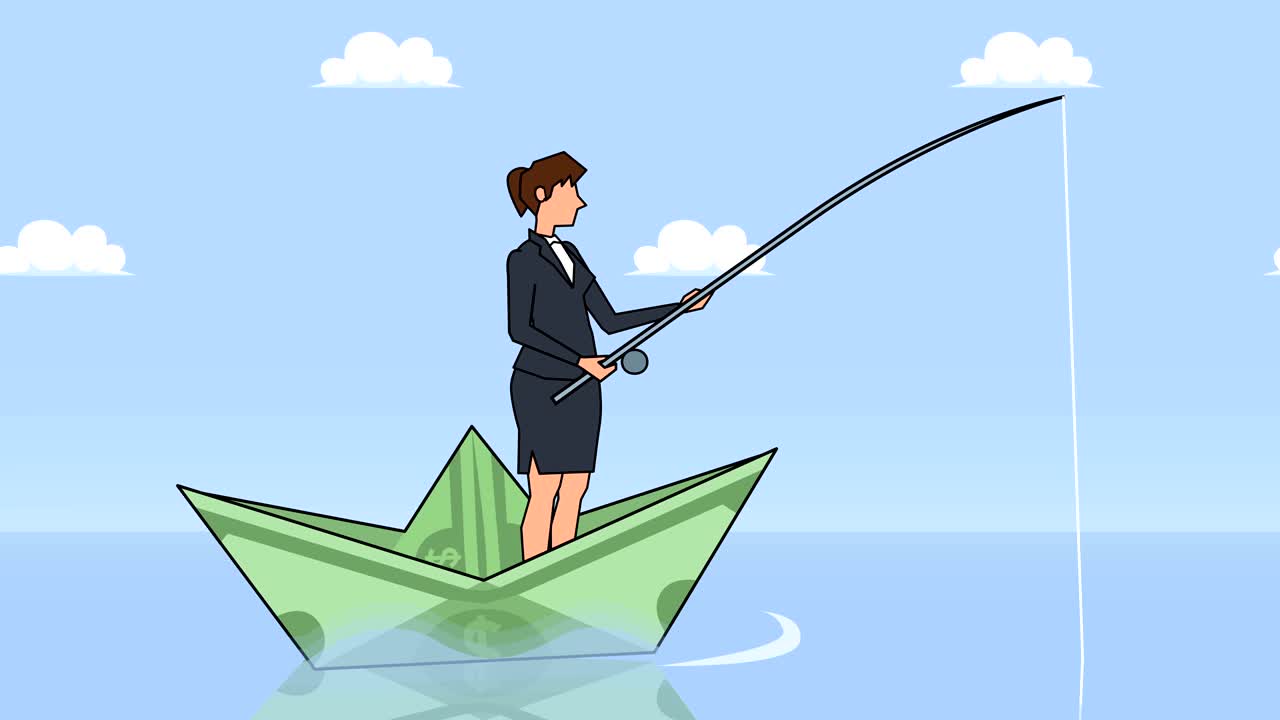평평한 만화 사업가 캐릭터: 달러 종이 배에 떠있는 시줄을 가진 시 금융 사업 개념 애니메이션