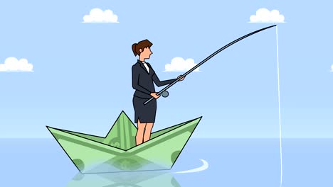 flat cartoon businesswoman character fisher with fishing rod floating on dollar paper boat finance businesss concept animation