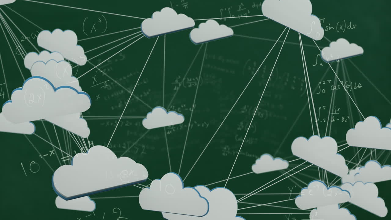 Animatie van netwerk van verbindingen met iconen over wiskundige vergelijkingen op een groene achtergrond