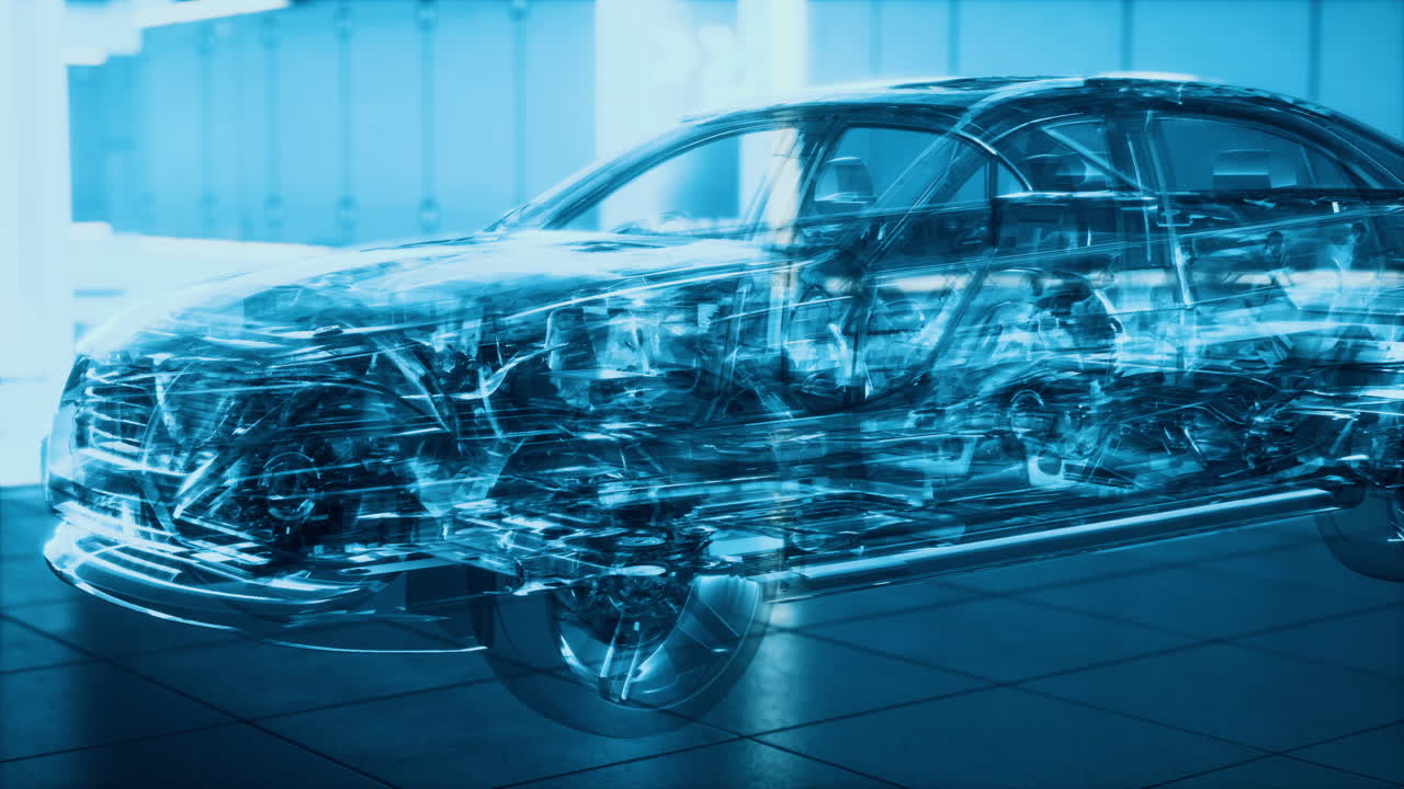 transparent car with engine in laboratory