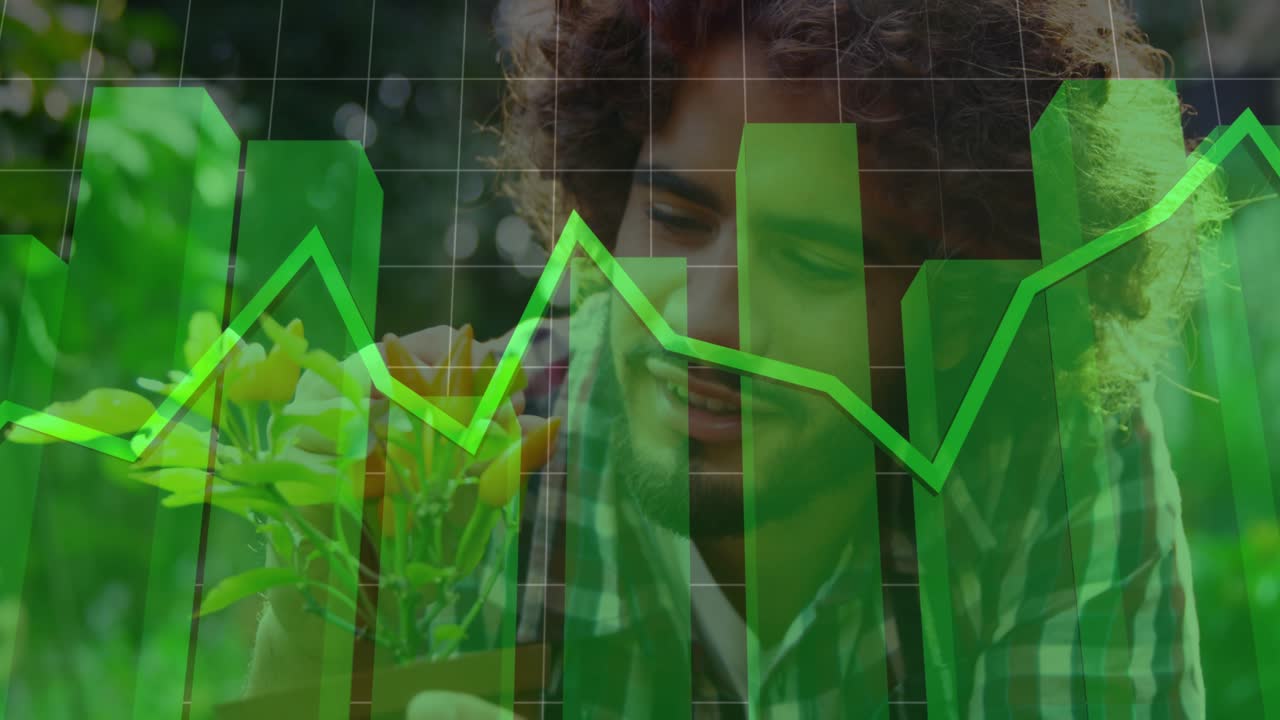 Puutarhuri tuo ruukkua lähemmäs, tarkastaa lehtiä, ja animoidut vihreät palkit sekä nouseva viiva näyttävät kasvua.