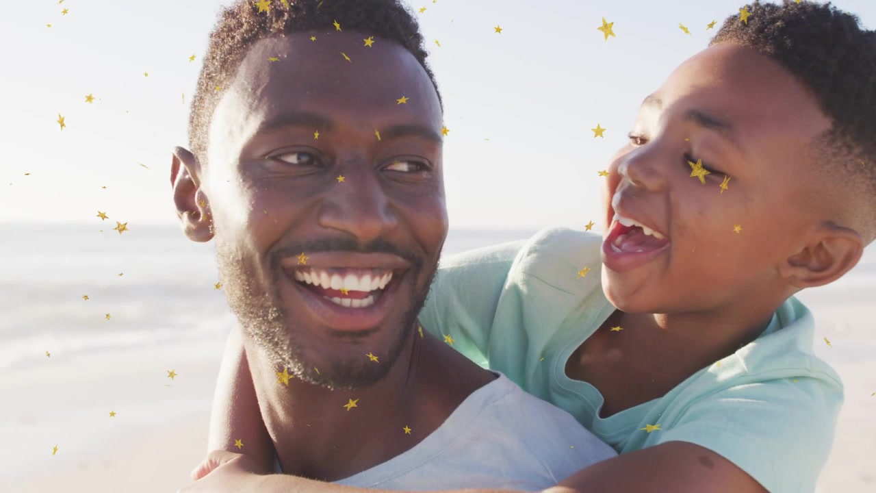 Un père tenant son fils, l'enfant l'étreignant et chantant, des étoiles flottant sur leurs visages, symbolisant un lien familial fort et un mode de vie harmonieux.