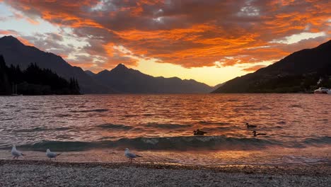 Orangefarbene-Wolken,-Lebendiger-Sonnenuntergang-über-Dem-Lake-Wakatipu-In-Queenstown,-Blick-Vom-Ufer